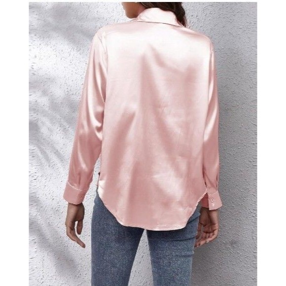 AISEW Women’s Satin Blush Pink Button-Up Blouse Top Size 2XL Long Sleeve Collar - Picture 2 of 8